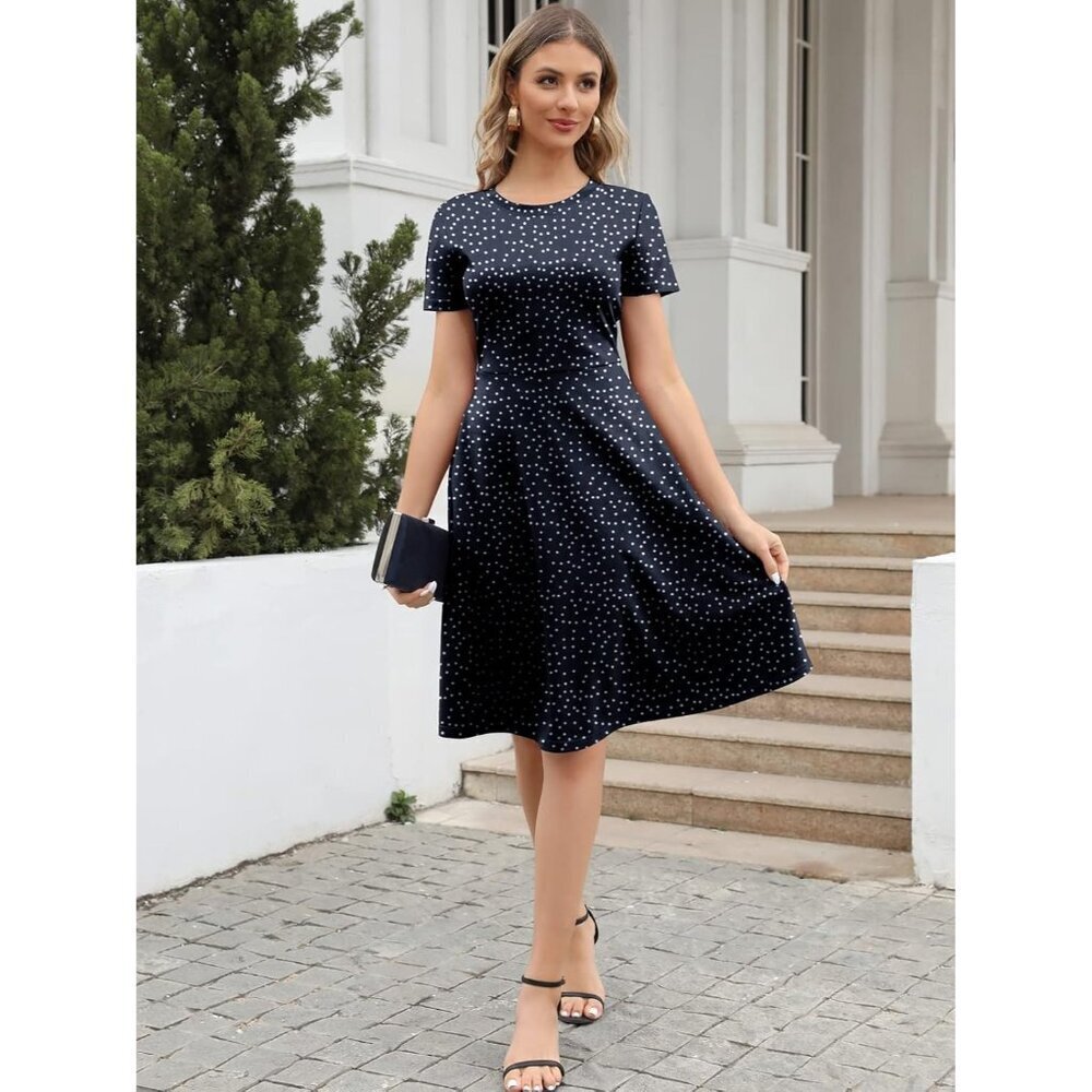 Women's Navy Dot Elegant Knee Length Vintage A-Line Swing Dress with Pockets - Picture 2 of 6